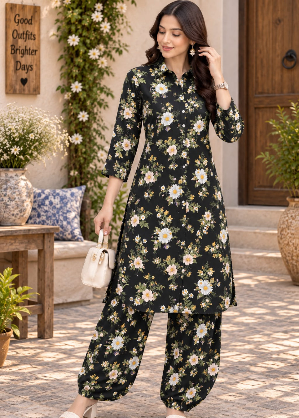 A woman models a black three-piece floral print kurta set with matching wide-leg pants and a small white handbag, standing in a sunlit outdoor courtyard setting.