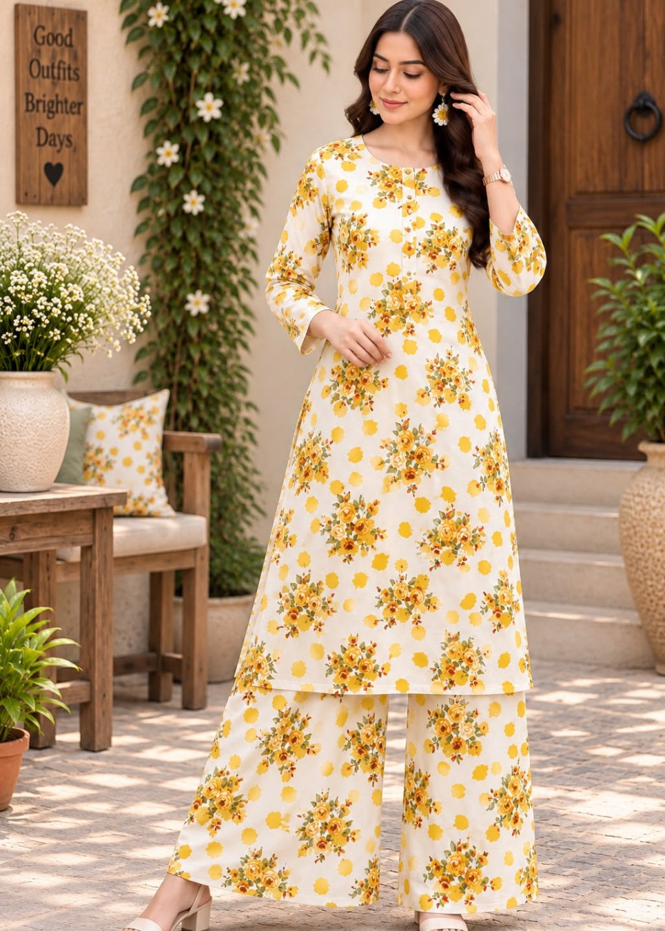 A woman models a cream-colored two-piece kurta and trouser set with a yellow floral print, standing in a sunlit outdoor patio setting.