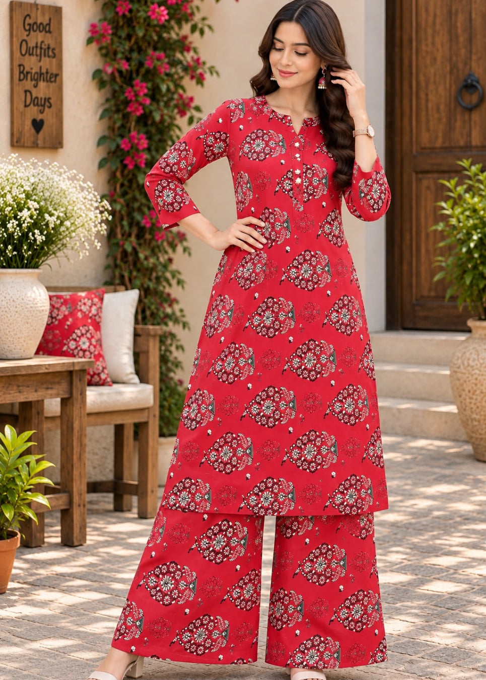 A woman models a red three-piece kurta set with a floral print, featuring a long-sleeve tunic, wide-leg pants, and a matching belt, set against an outdoor patio backdrop with plants and furniture.