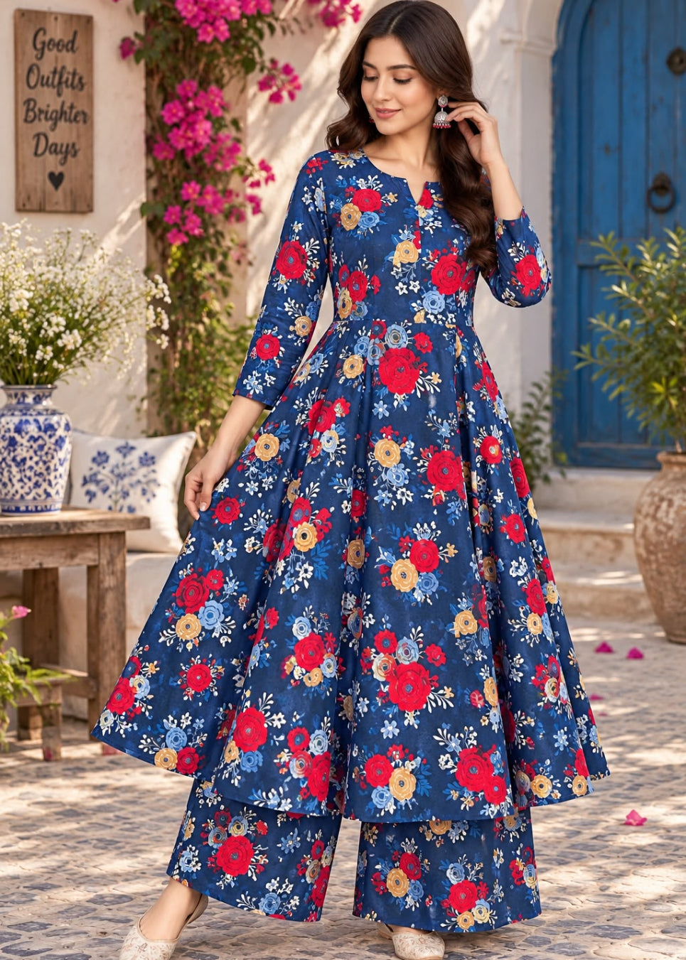 A woman models a three-piece navy blue floral kurta set with matching wide-leg pants and a long-sleeve top, set against a Mediterranean-style courtyard backdrop with a blue door and pink flowers.