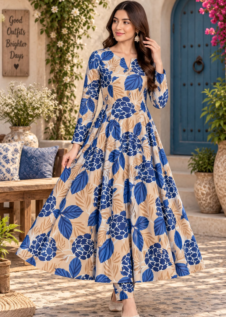 A woman models a beige long-sleeve kurta with a blue floral and leaf print in an outdoor courtyard setting.