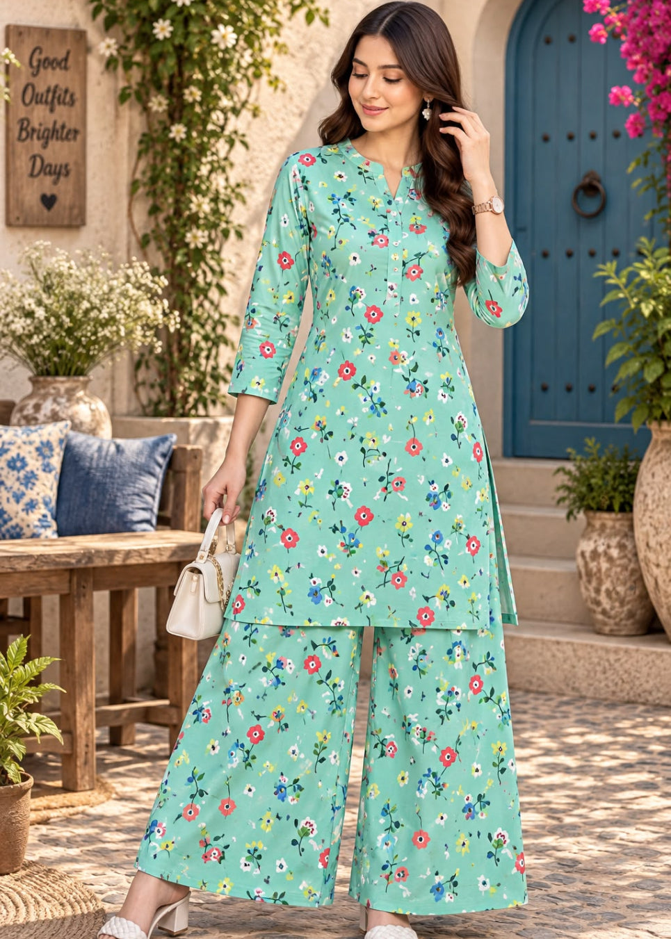 A woman models a mint green three-piece kurta set with a colorful floral print, featuring a long-sleeve tunic, wide-leg pants, and a matching belt, set against a rustic Mediterranean-style outdoor patio background.