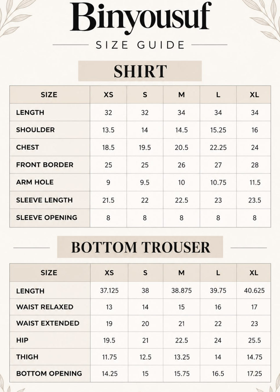 A size guide chart for Binyousuf clothing, showing measurements for both shirts and bottom trousers in sizes XS through XL. The chart includes tables for length, shoulder, chest, arm hole, sleeve length, sleeve opening, waist relaxed, waist extended, hip, thigh, and bottom opening, with a clean beige and white layout.