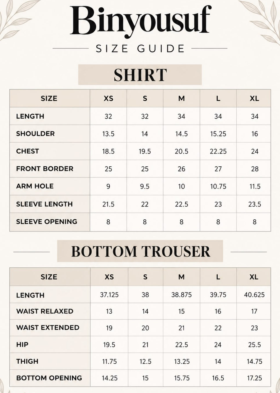 A size guide chart for Binyousuf clothing, showing measurements for both shirts and bottom trousers in sizes XS through XL. The chart includes tables for length, shoulder, chest, arm hole, sleeve length, sleeve opening, waist relaxed, waist extended, hip, thigh, and bottom opening, with a clean beige and white layout.