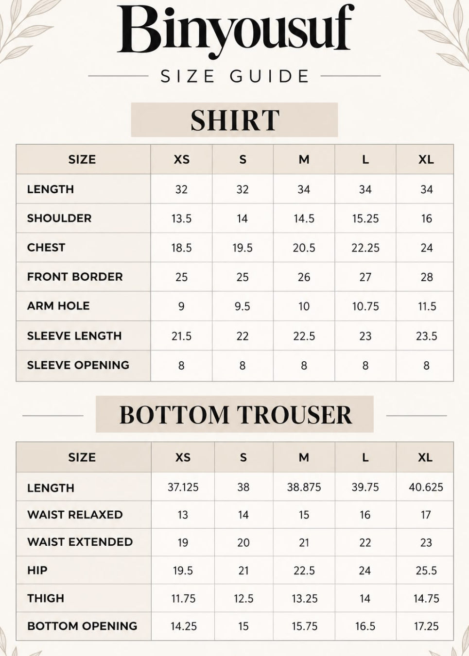 A size guide chart for Binyousuf clothing, showing measurements for both shirts and bottom trousers in sizes XS through XL. The chart includes tables for length, shoulder, chest, arm hole, sleeve length, sleeve opening, waist relaxed, waist extended, hip, thigh, and bottom opening, with a clean beige and white layout.