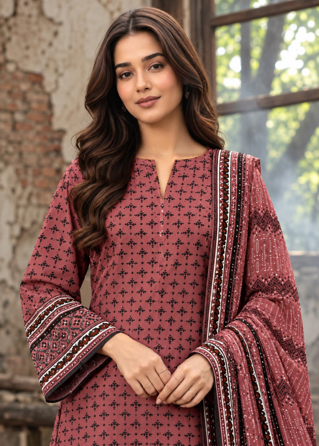 A woman wearing a dusty rose pink printed kurta with black motifs and a matching printed dupatta, standing in front of a rustic brick and window background.