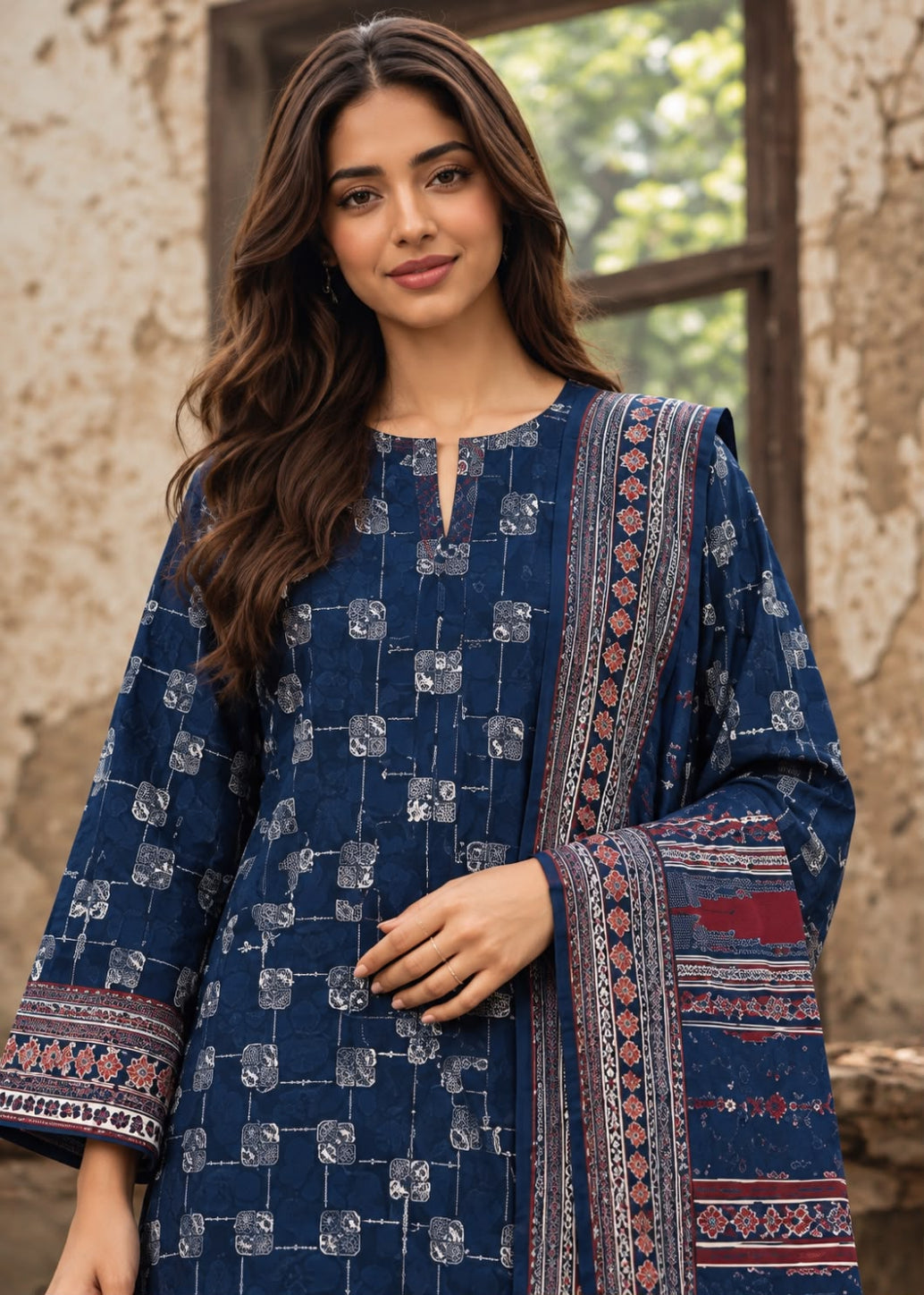 A woman wearing a navy blue printed kurta with a matching patterned dupatta, standing in front of a rustic stone wall and window.
