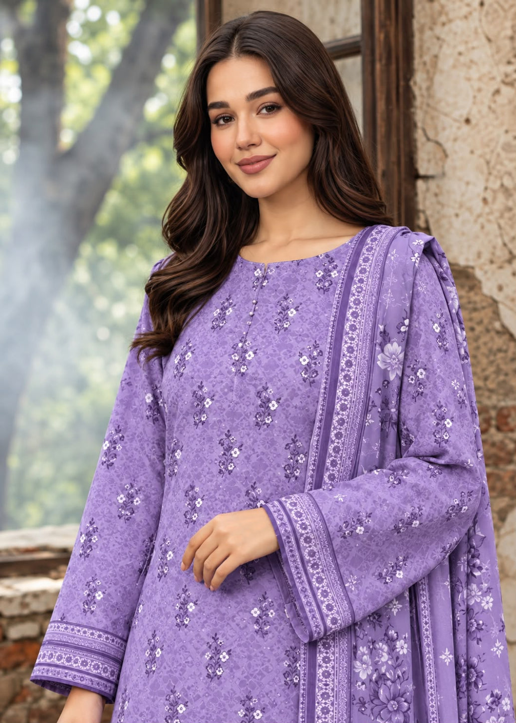 A woman wearing a lavender purple embroidered kurta with matching dupatta, standing in front of a rustic stone wall and window.