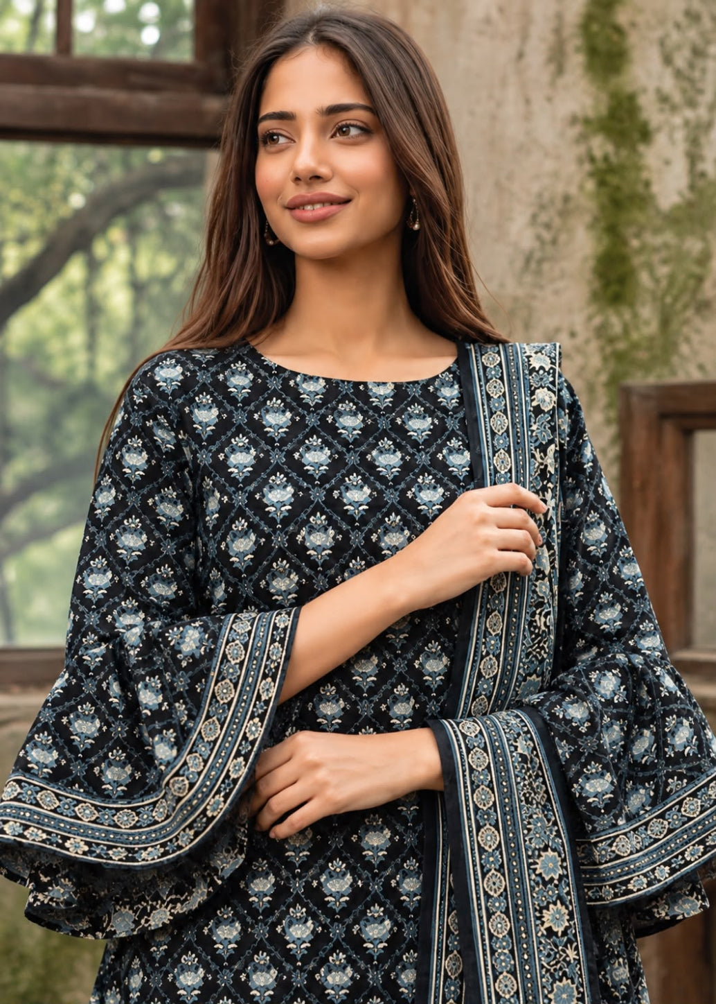 A woman wearing a black three-piece salwar kameez suit with intricate blue and beige floral block prints and a matching printed dupatta, posed in front of a rustic stone wall.