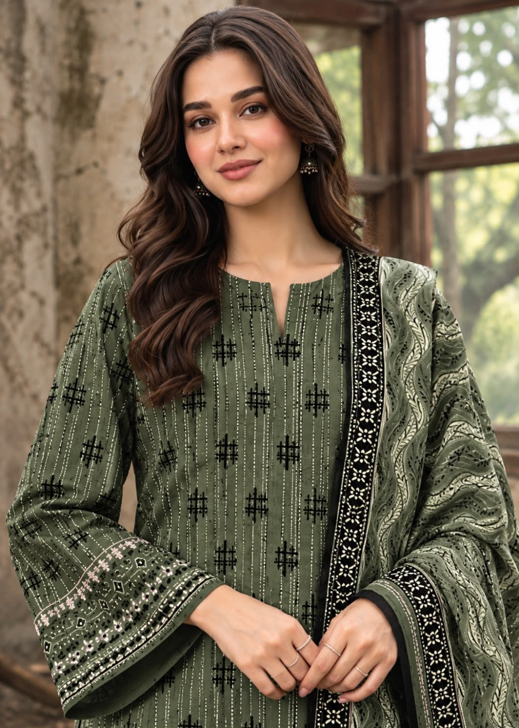 A woman wearing an olive green embroidered traditional outfit with black and white patterned details, standing in front of a rustic window.