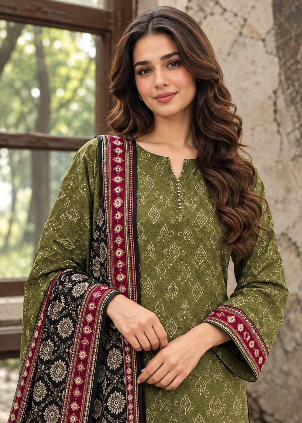 A woman wearing an olive green printed salwar kameez suit with a black dupatta featuring red and gold borders, posed in front of a rustic stone wall and window.