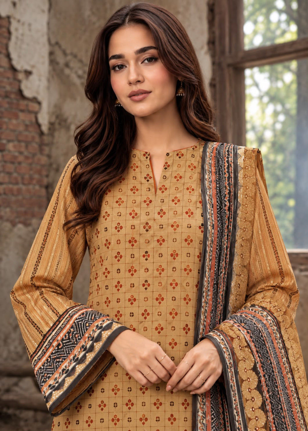 A woman modeling a traditional three-piece salwar kameez suit in beige, featuring a printed kurta with a mandarin collar, wide patterned sleeves, and a matching printed dupatta draped over her shoulder.