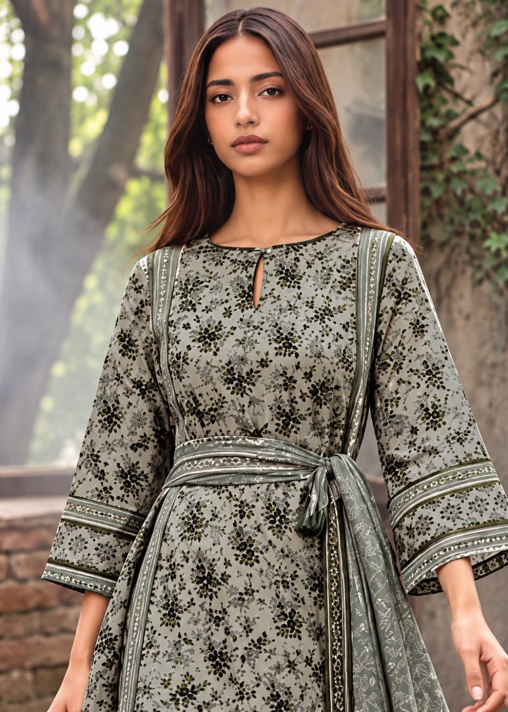 A woman wearing a long-sleeved olive green printed dress with a matching tie belt, standing outdoors in front of a rustic stone wall and window.