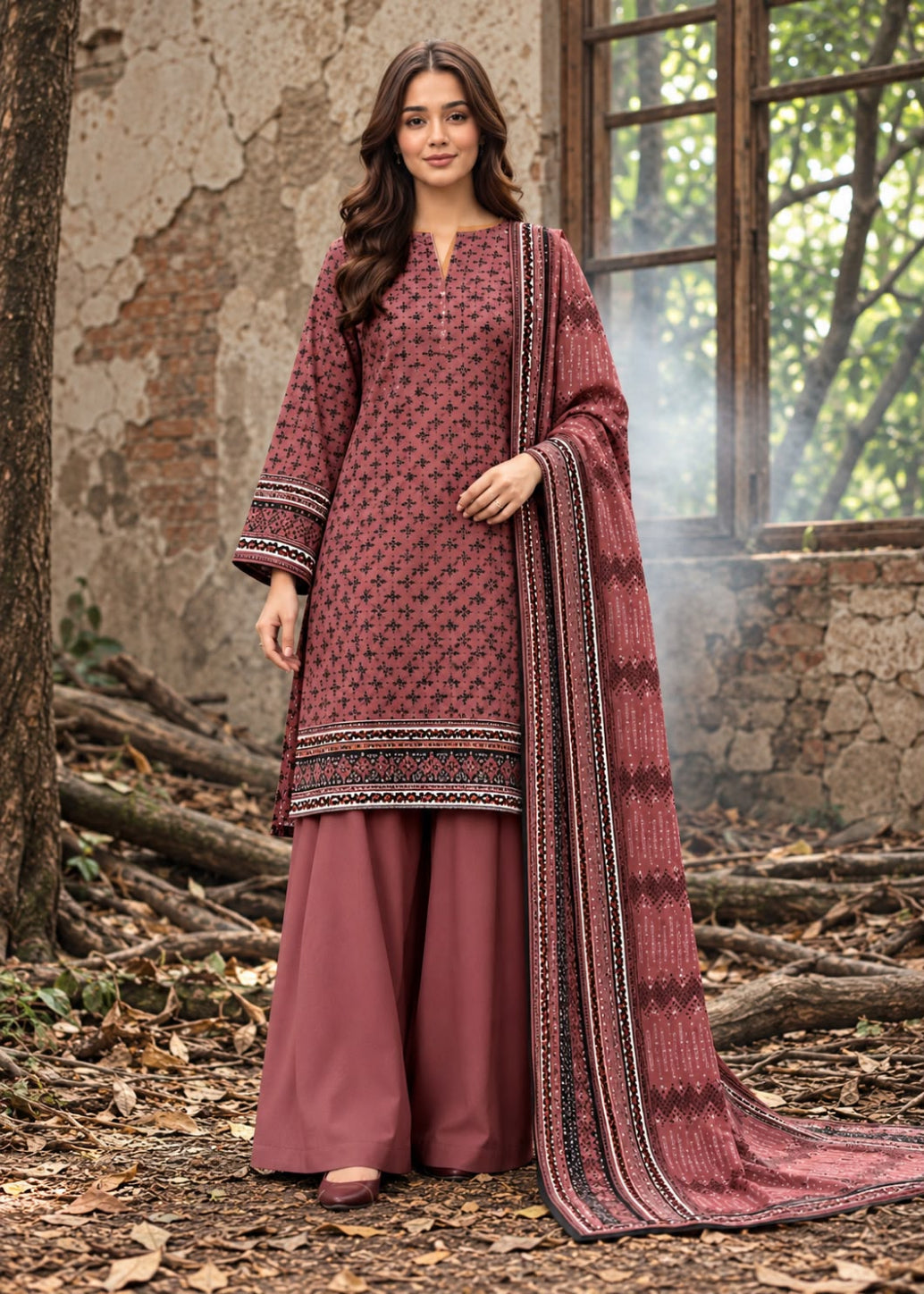 A woman models a three-piece salwar kameez suit in a rustic outdoor setting. The suit features a dusty rose pink base with black and white geometric patterns, matching wide-leg trousers, and a long dupatta with a detailed border.