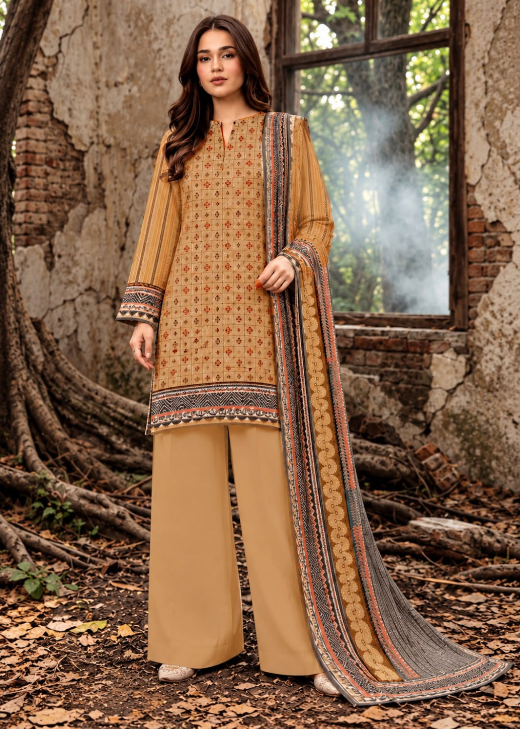A woman models a traditional three-piece salwar kameez suit in a rustic outdoor setting with a window and tree roots. The suit features a mustard yellow kurta with intricate geometric patterns, matching wide-leg trousers, and a dupatta with a detailed border.