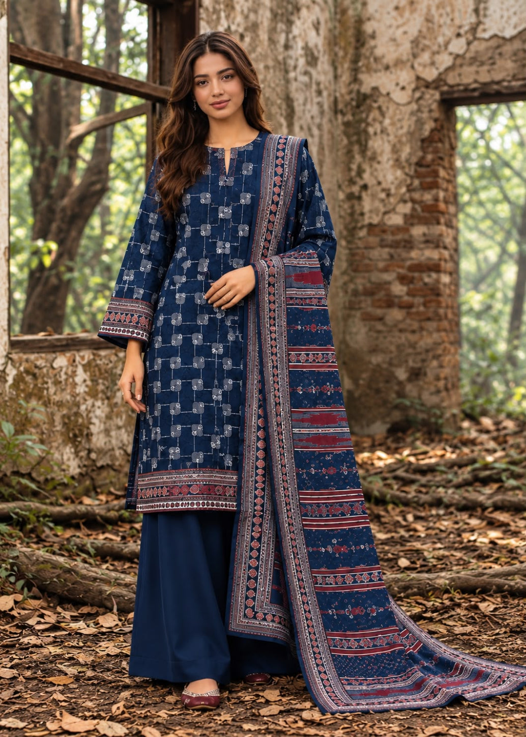 A woman modeling a navy blue three-piece ethnic suit with geometric patterns and red border details, standing in a rustic outdoor setting with tree trunks and fallen leaves.