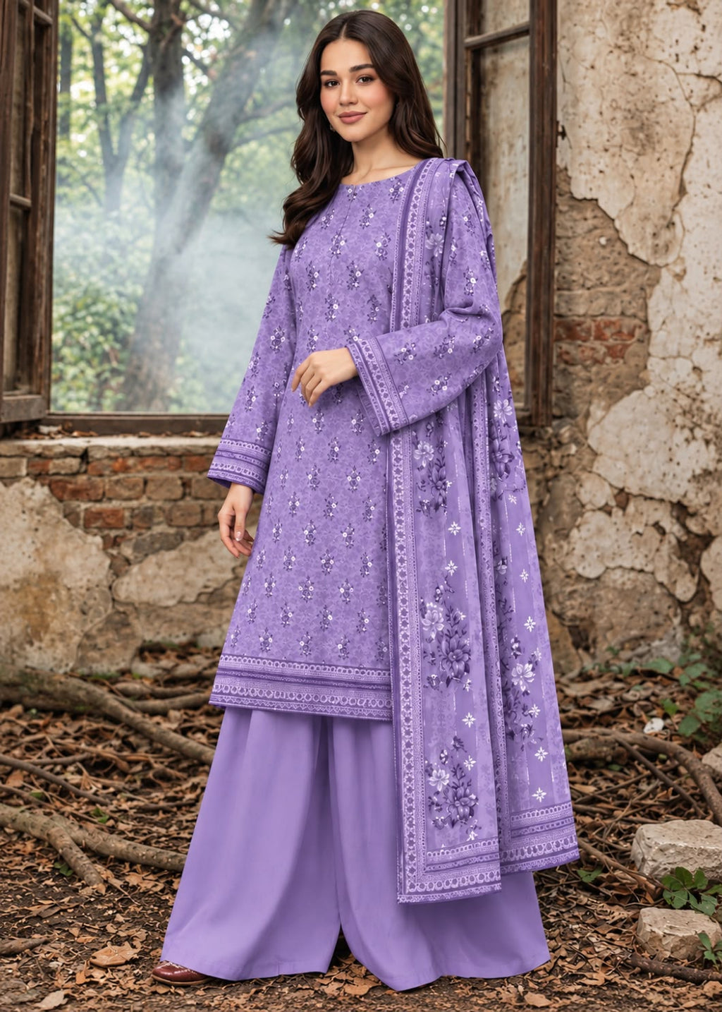 A woman models a lavender purple traditional Indian outfit consisting of a long-sleeved embroidered kurta, matching wide-leg trousers, and a draped dupatta, set against a rustic stone wall and window background.
