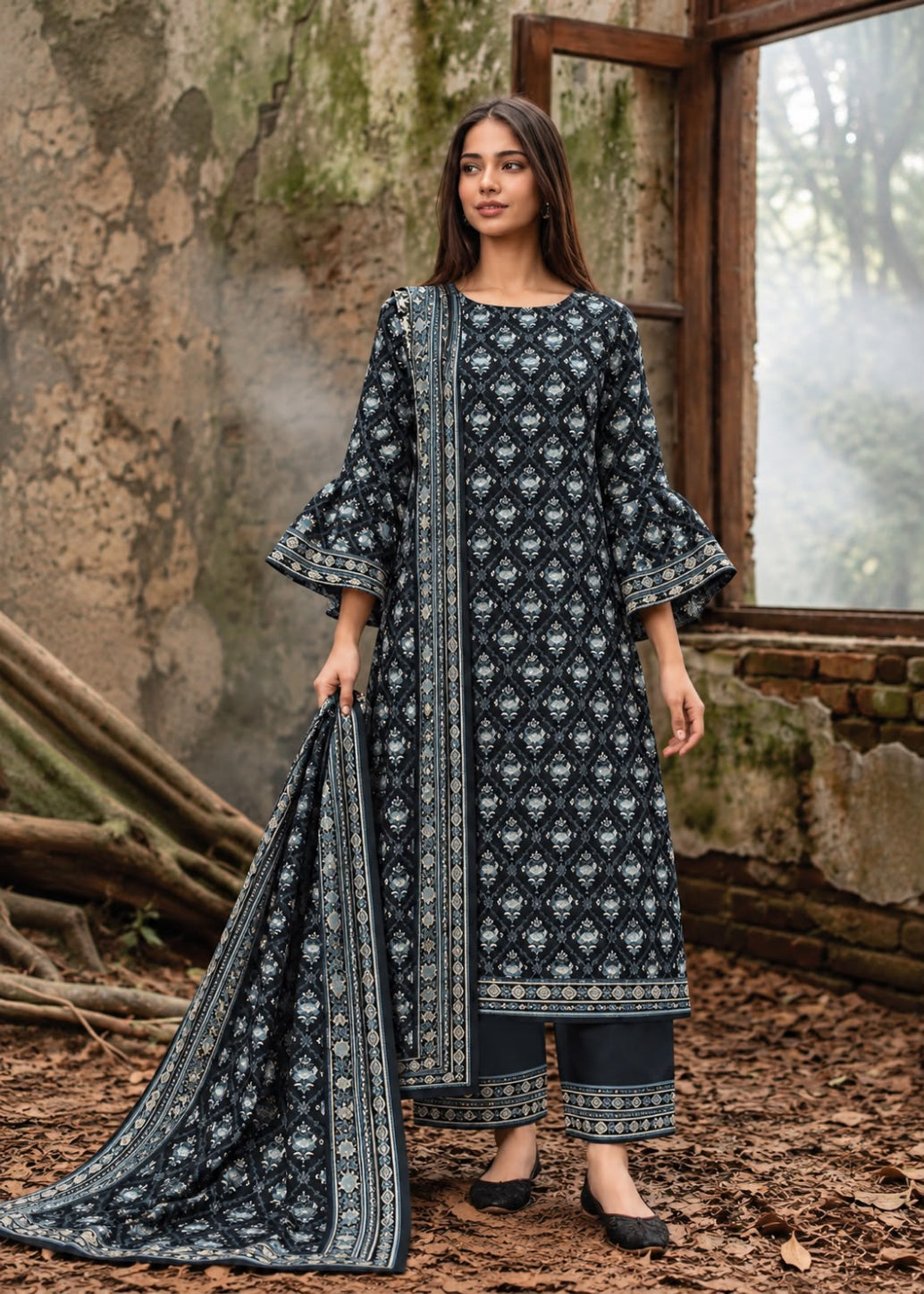A woman models a dark navy blue three-piece salwar kameez suit with intricate white and light blue floral prints, standing in a rustic, weathered stone building with a window.