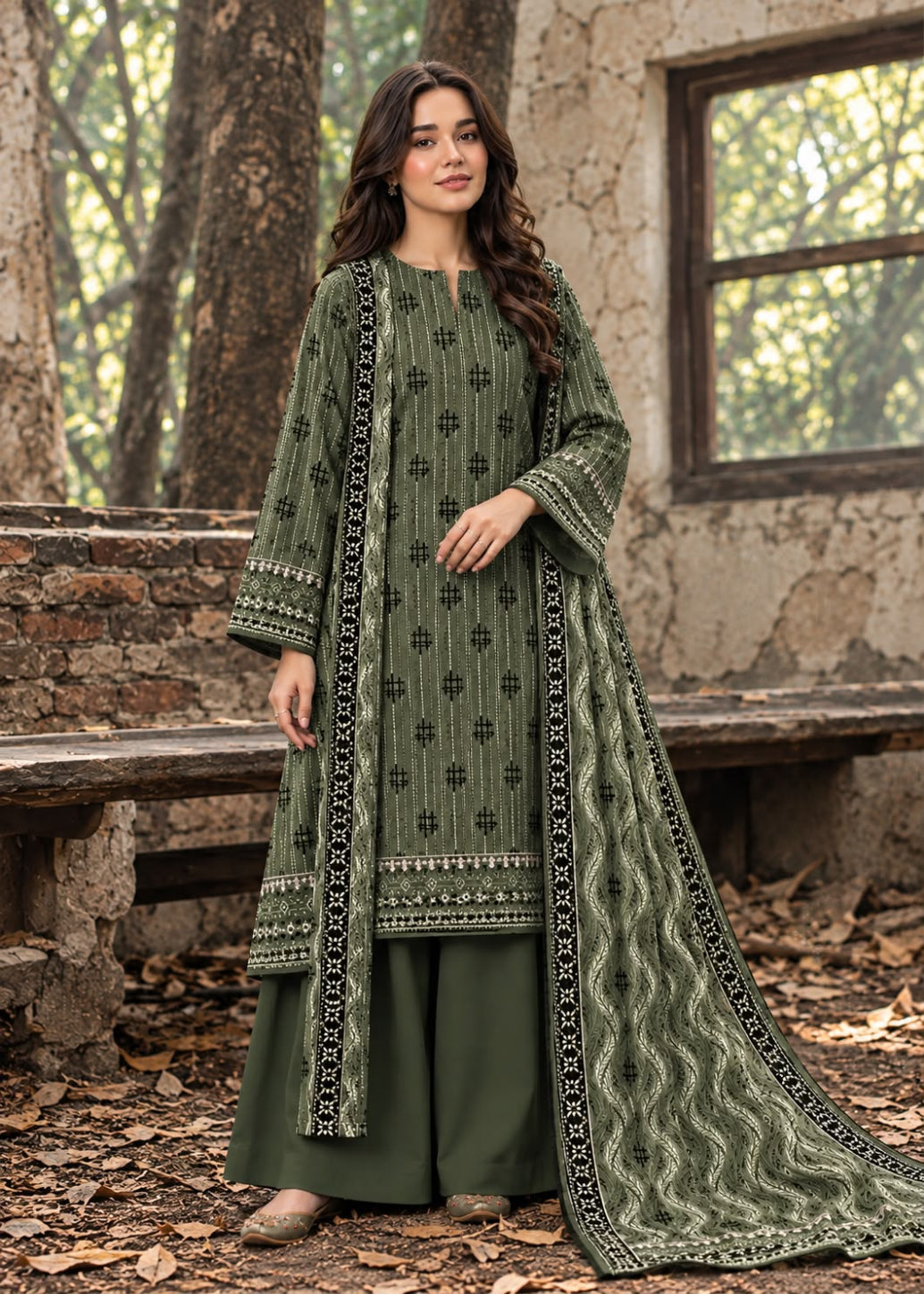 A woman stands outdoors in a rustic stone setting wearing an olive green traditional outfit with black embroidered patterns and a matching dupatta.