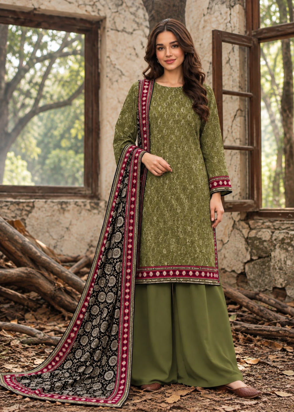 A woman models an olive green ethnic salwar kameez suit with matching wide-leg pants and a black dupatta featuring red and gold border patterns, set against a rustic stone wall with window frames.