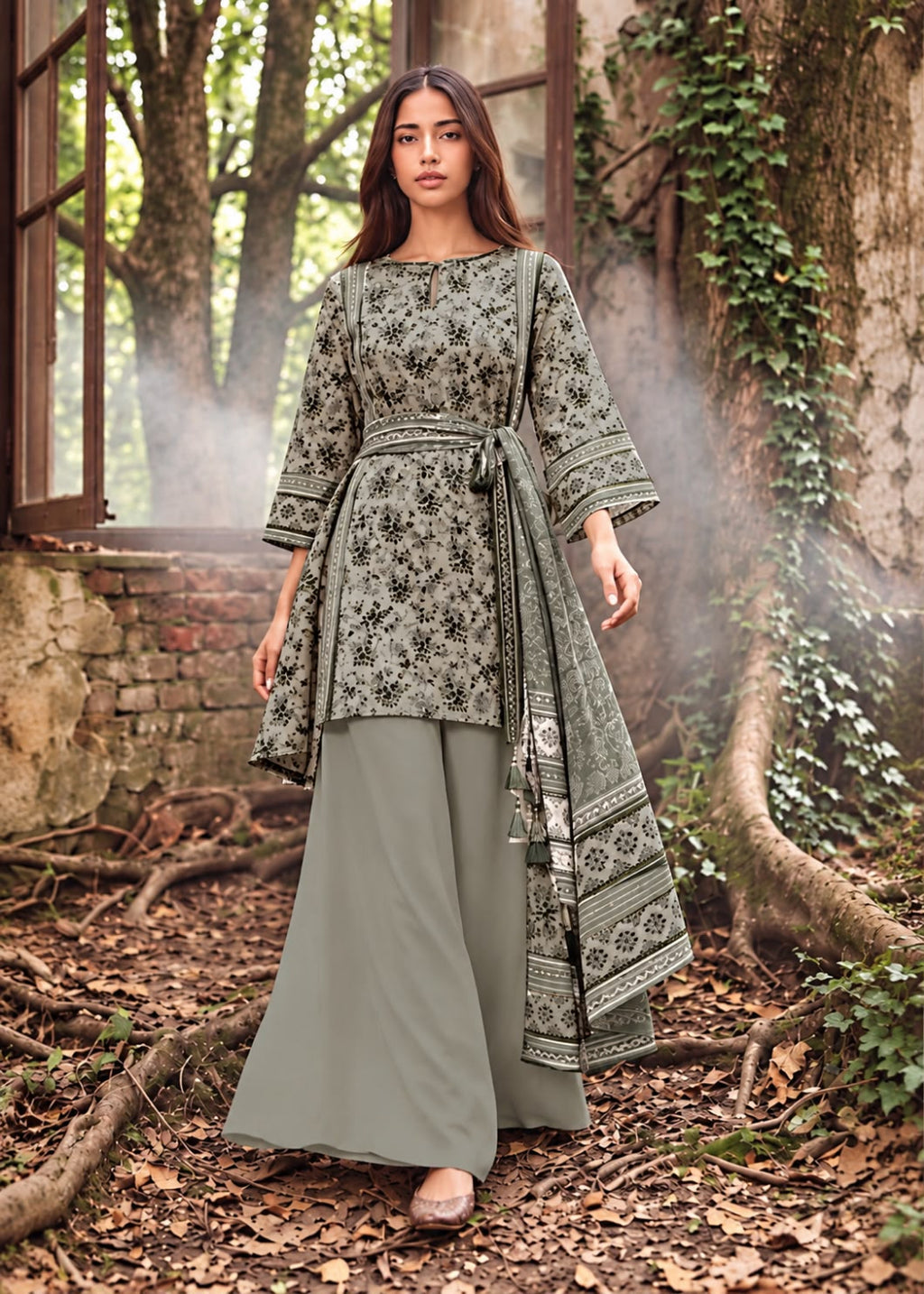 A woman stands outdoors in a rustic wooded setting wearing a three-piece olive green ethnic outfit with black floral embroidery, wide-leg pants, and a matching embroidered dupatta.