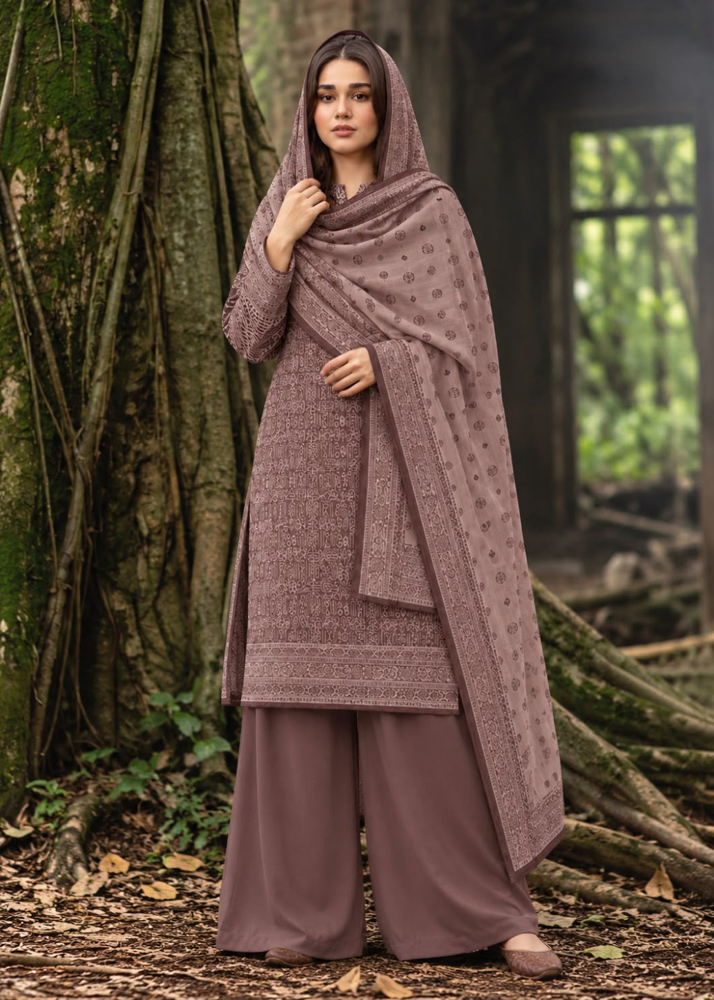 A woman wearing a muted mauve-colored traditional outfit with a matching headscarf and wide-leg pants, standing outdoors in front of a large tree trunk and rustic wooden structure.