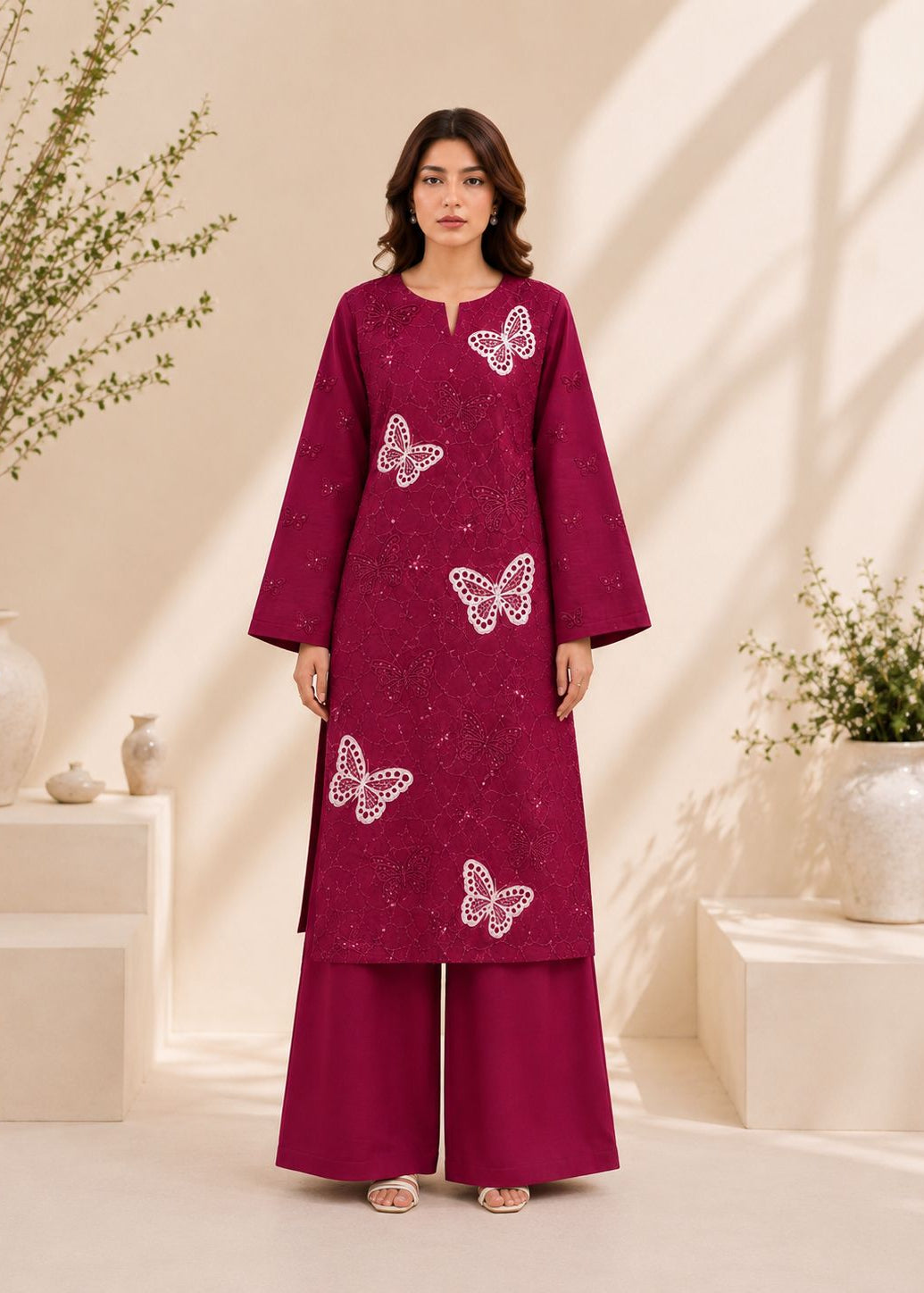 A woman stands in a studio setting wearing a deep magenta kurta with white butterfly embroidery and matching wide-leg pants. The background is a warm beige with decorative plants and shadows.