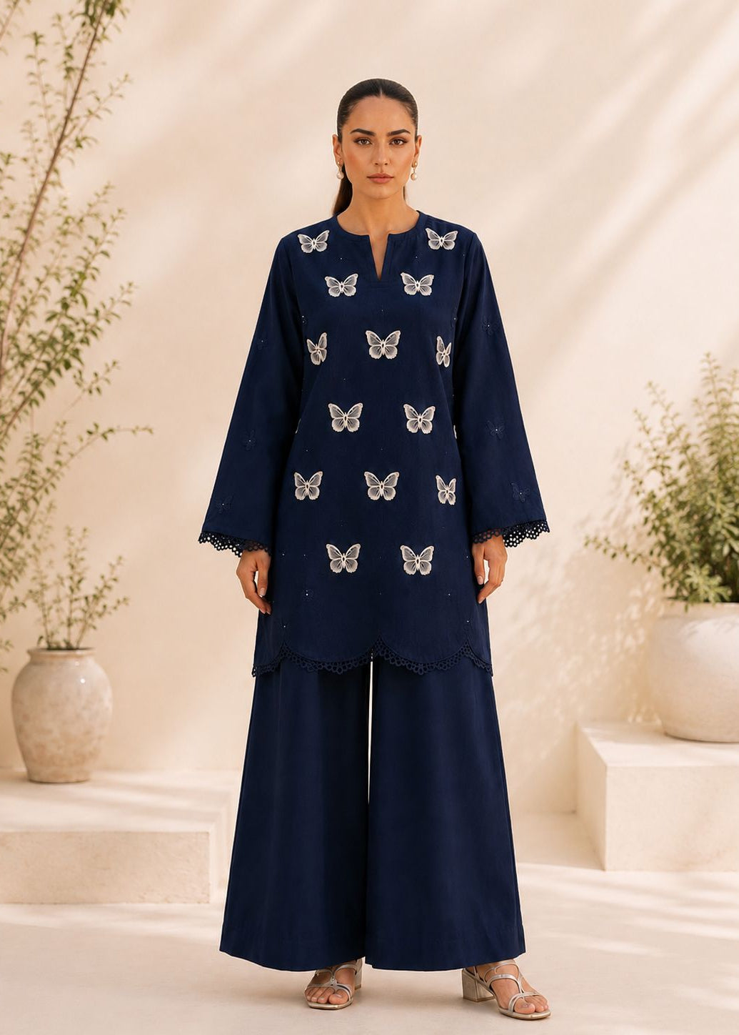 A woman stands in a studio setting wearing a navy blue kurta and wide-leg pants set with embroidered butterfly motifs. The background features warm beige tones, soft shadows, and potted plants.