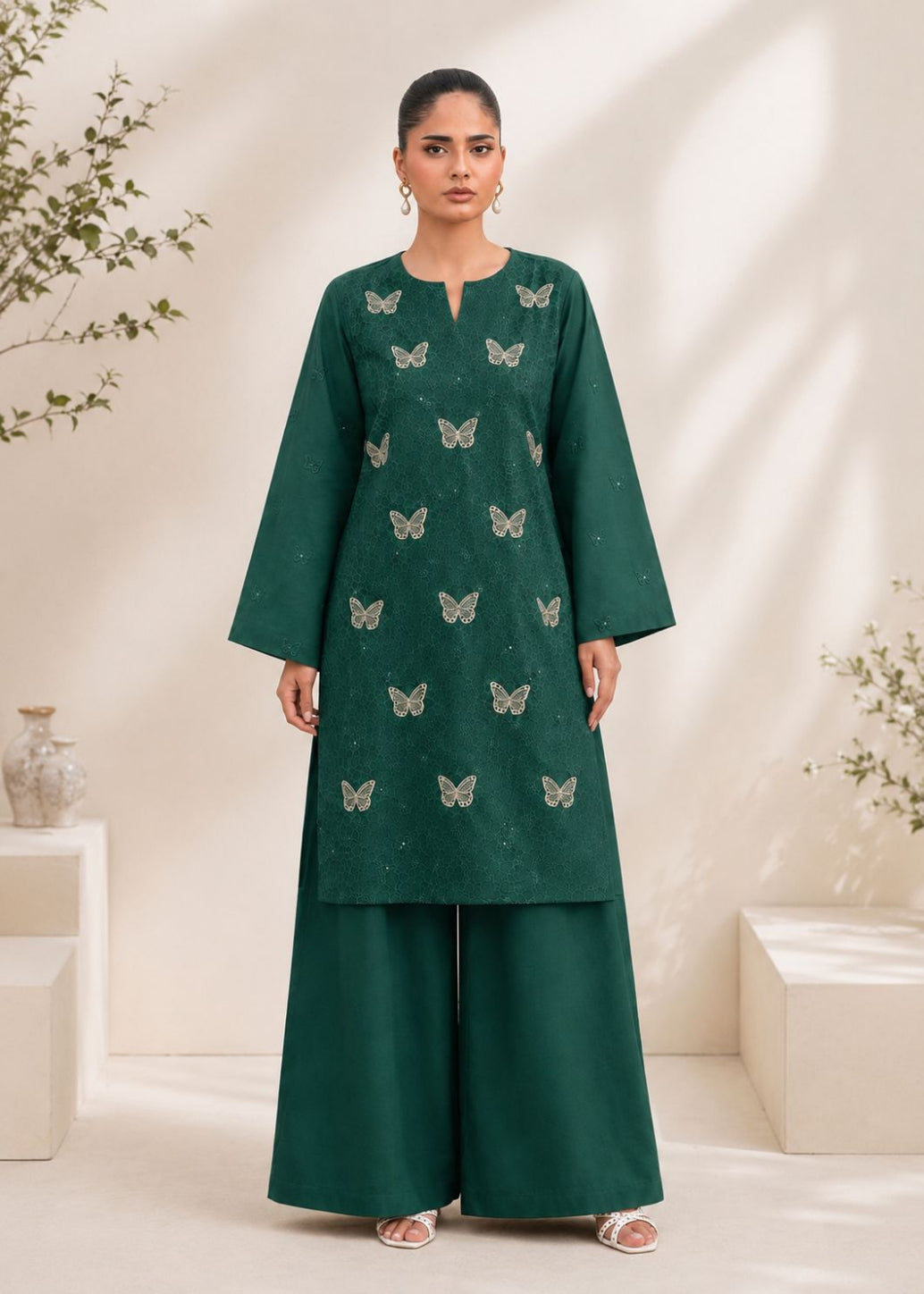 A woman modeling a dark green kurta and wide-leg pants set with embroidered butterfly motifs, set against a warm beige background with soft leaf shadows.