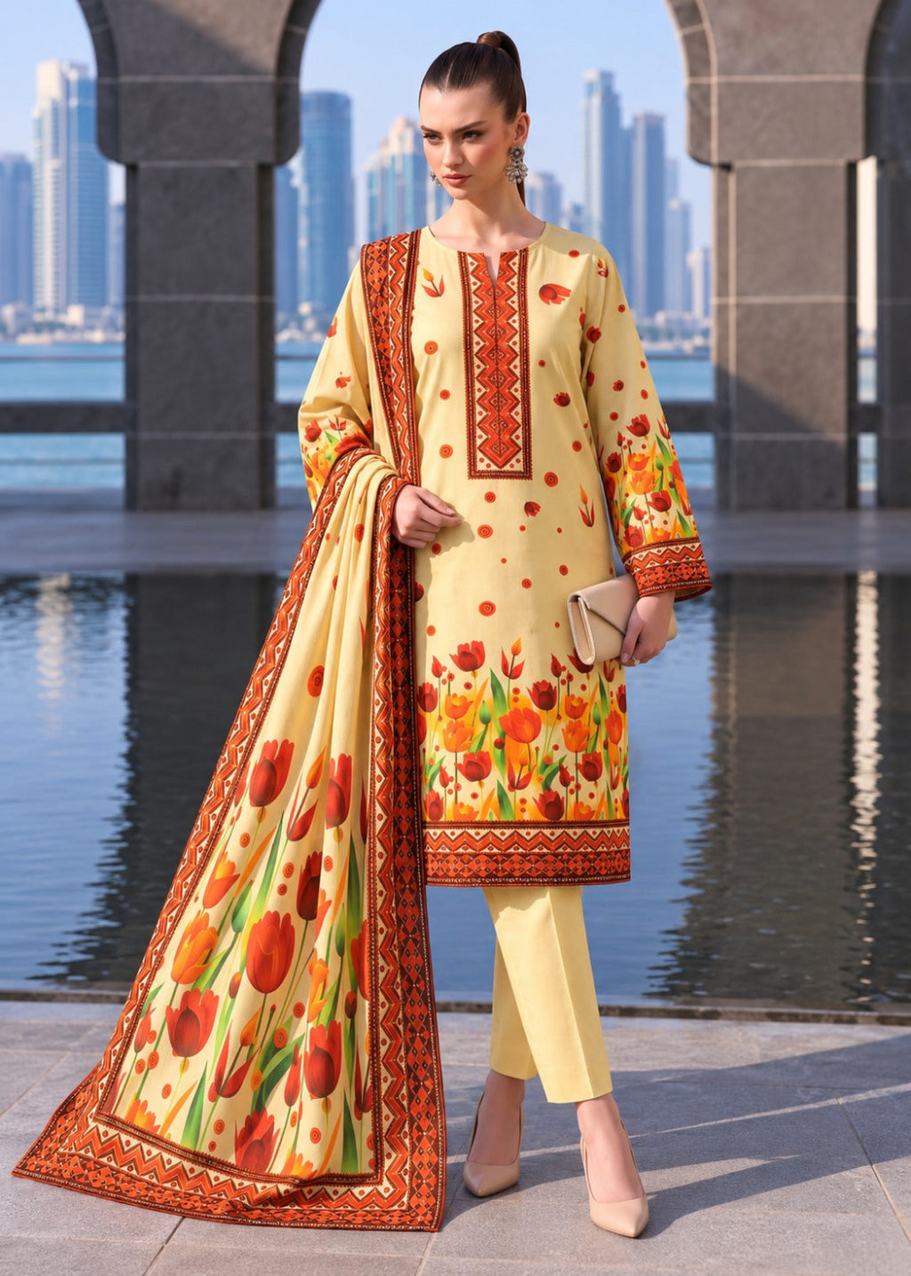 A woman models a three-piece traditional South Asian salwar kameez suit set. The set features a light yellow kurta with red and orange floral patterns and geometric borders, matching yellow trousers, and a coordinating dupatta with a large red tulip print and orange border.