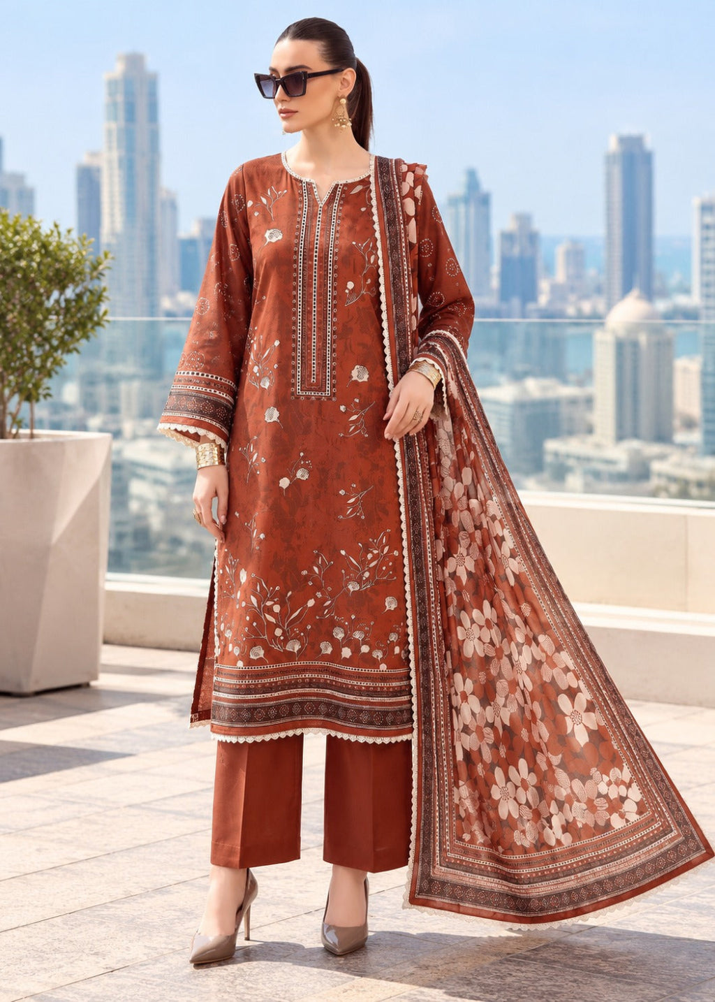 A woman models a rust-orange 3-piece salwar kameez suit set with white floral embroidery and a matching dupatta, set against a blurred city skyline background.