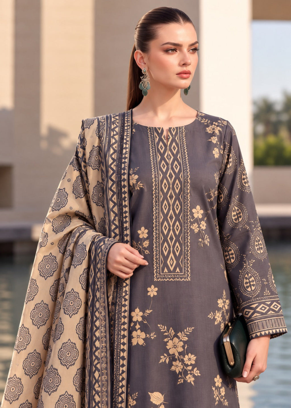 A woman modeling a three-piece traditional outfit with a dark gray kurta featuring gold floral and geometric patterns, a beige dupatta with gold motifs, and a matching belt, set against an outdoor architectural background.