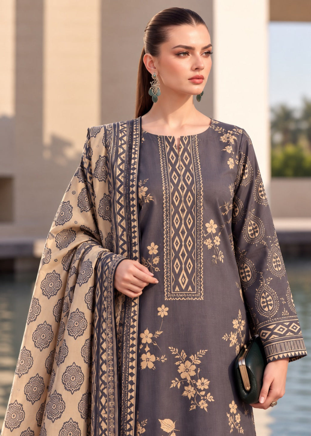 A woman modeling a three-piece traditional outfit with a dark gray kurta featuring gold floral and geometric patterns, a beige dupatta with gold motifs, and a matching belt, set against an outdoor architectural background.
