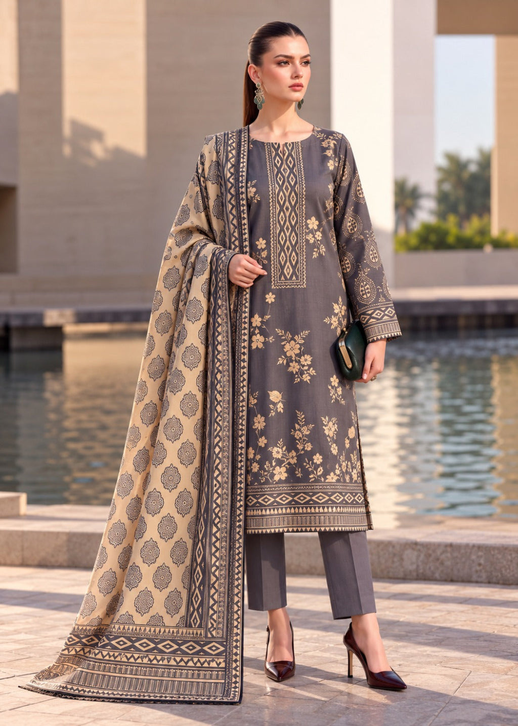 A woman models a three-piece traditional South Asian outfit consisting of a dark gray kurta with beige floral embroidery, matching gray trousers, and a beige dupatta with a gray geometric border, set against a modern outdoor background with a pool of water.