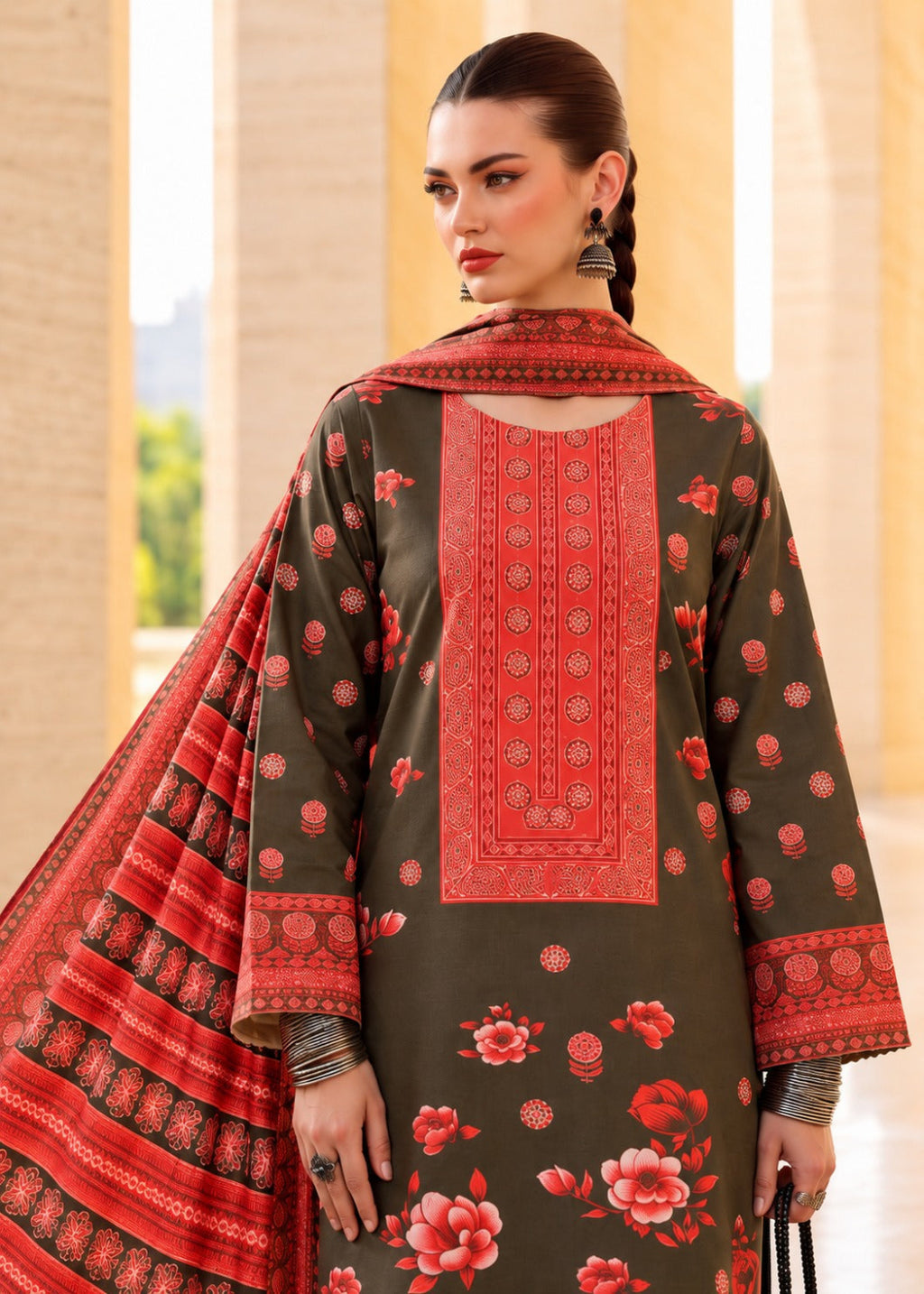 A woman models a three-piece traditional South Asian salwar kameez suit set. The set features a dark olive green kurta with red floral embroidery and a red embroidered yoke, paired with matching olive green wide-leg trousers and a red patterned dupatta.