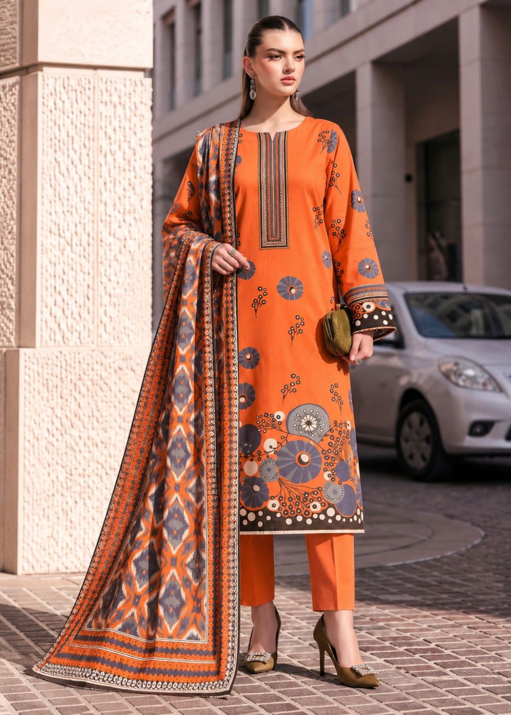 A woman models an orange ethnic three-piece suit with intricate multicolor floral embroidery and a matching patterned dupatta, set against an outdoor urban background.