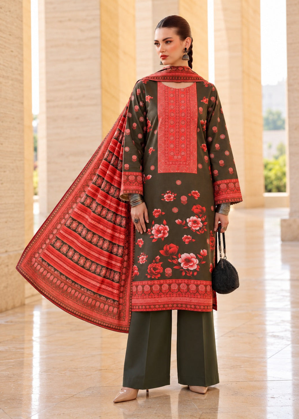 A woman models a three-piece traditional South Asian salwar kameez suit set. The set features a dark olive green kurta with red floral embroidery and a red embroidered yoke, paired with matching olive green wide-leg trousers and a red patterned dupatta.