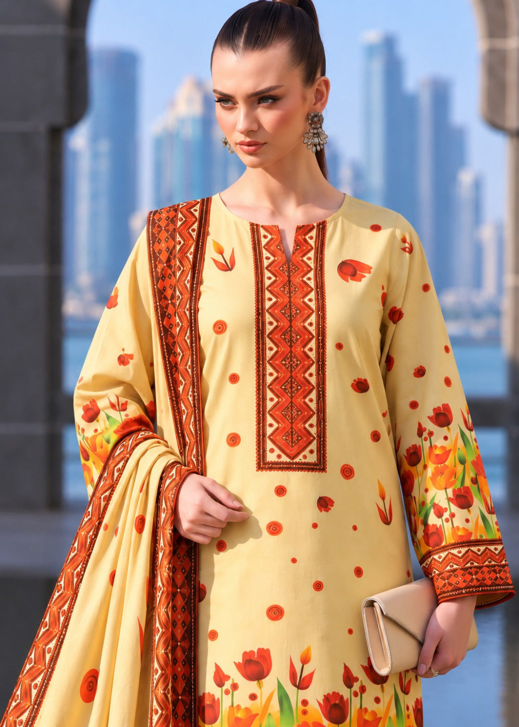 A woman modeling a light yellow ethnic suit with orange and red floral prints and geometric embroidery, paired with a matching dupatta, set against a blurred cityscape background.