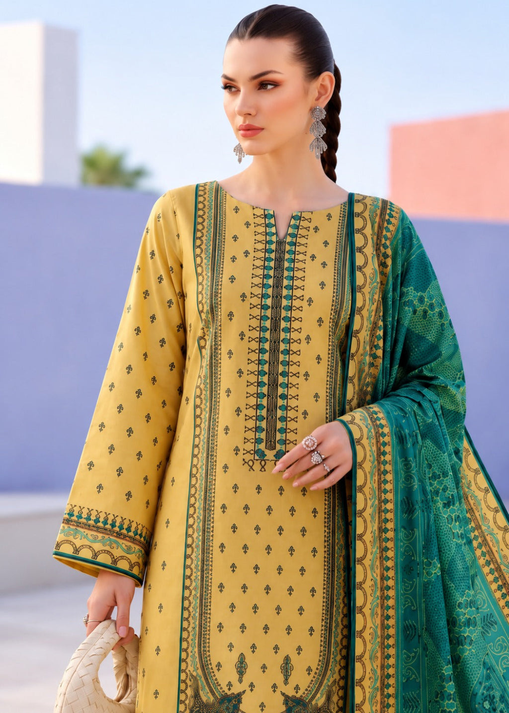 A woman modeling a three-piece traditional South Asian salwar kameez suit. The set features a mustard yellow kameez with green and black printed patterns, a matching green dupatta with gold borders, and a green kurta with gold embroidery.