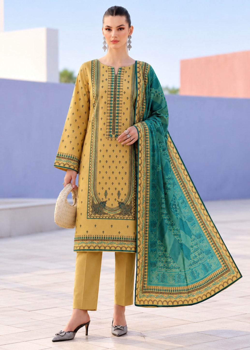 A woman models a traditional three-piece salwar kameez suit in mustard yellow and teal green. The kurta features intricate green printed motifs and a matching green border, paired with solid yellow trousers and a teal dupatta with a gold border and traditional print.