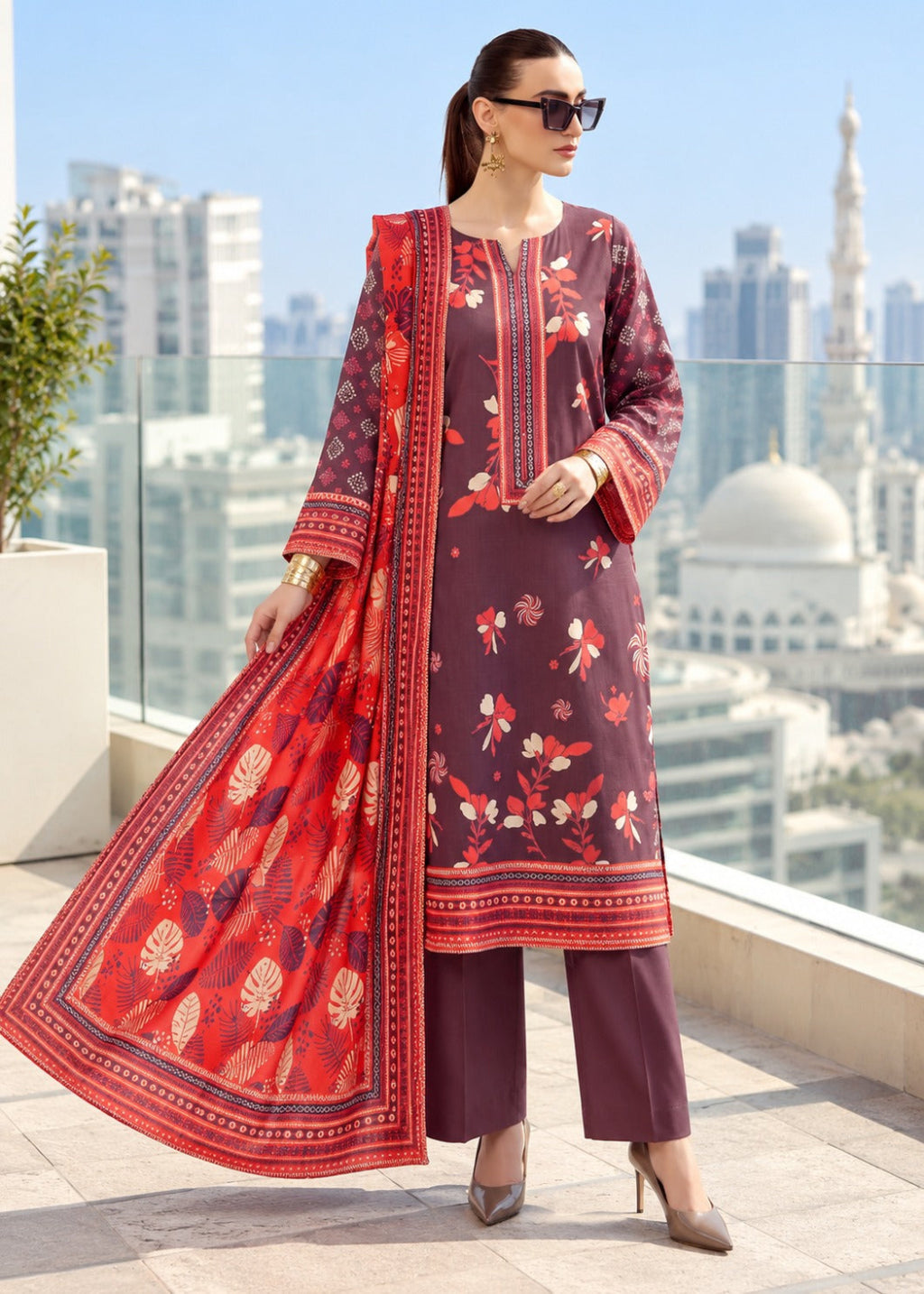 A woman models a three-piece salwar kameez suit set on a balcony with a city skyline and mosque in the background. The set features a deep plum purple kameez kurta with red and white floral embroidery, matching wide-leg trousers, and a vibrant red dupatta with gold and navy patterns.