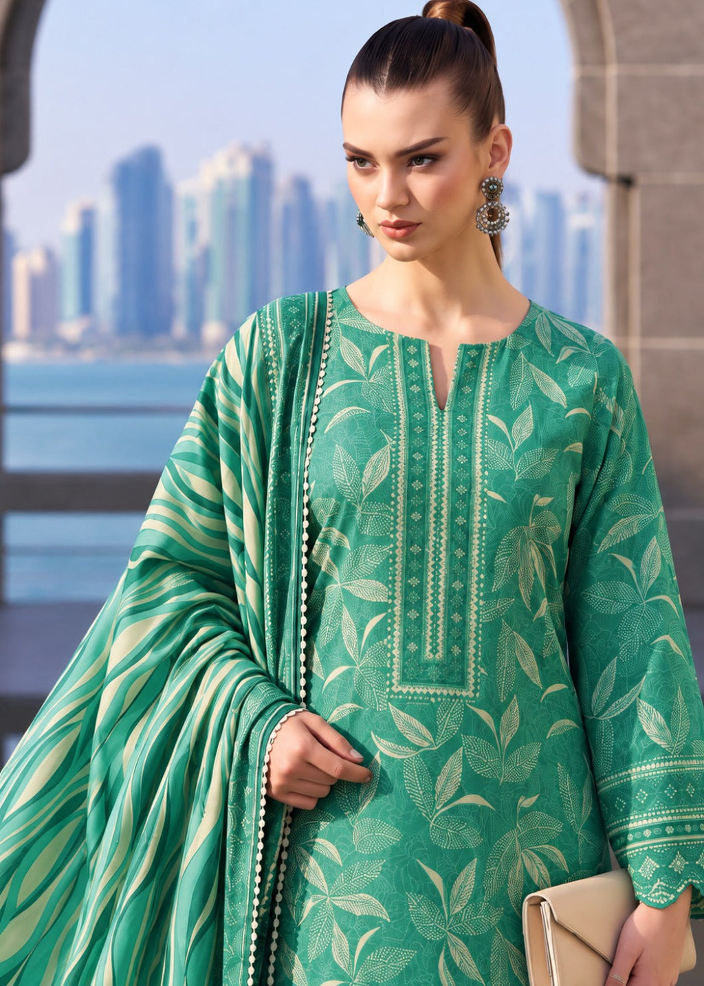 A woman models a green three-piece ethnic suit with a matching dupatta. The kurta features a split neckline, vertical embroidered detailing, and a leaf pattern, paired with a striped dupatta.