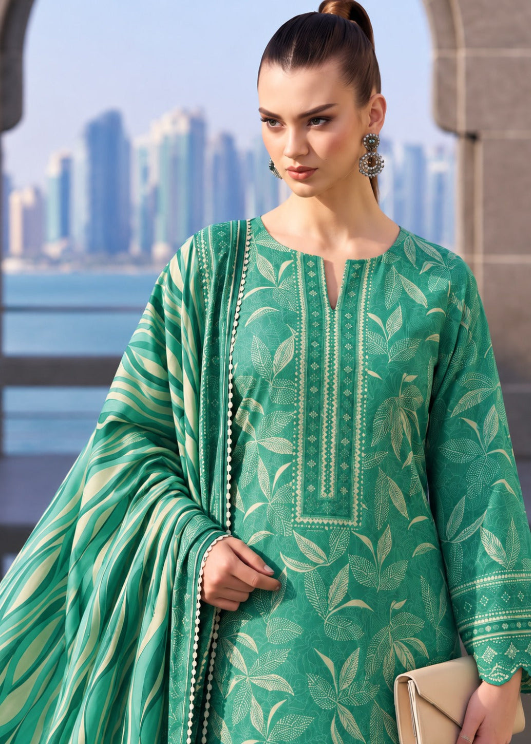 A woman models a green three-piece ethnic suit with a matching dupatta. The kurta features a split neckline, vertical embroidered detailing, and a leaf pattern, paired with a striped dupatta.