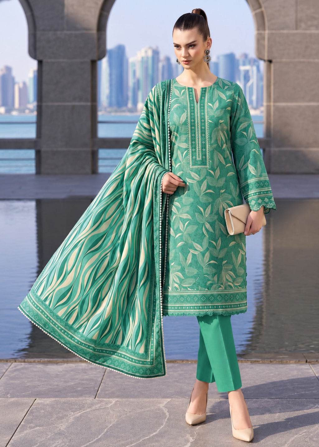 A woman models a green traditional South Asian outfit with a matching dupatta, featuring a printed kurta, straight-leg pants, and beige heels, set against a modern city waterfront with stone arches.