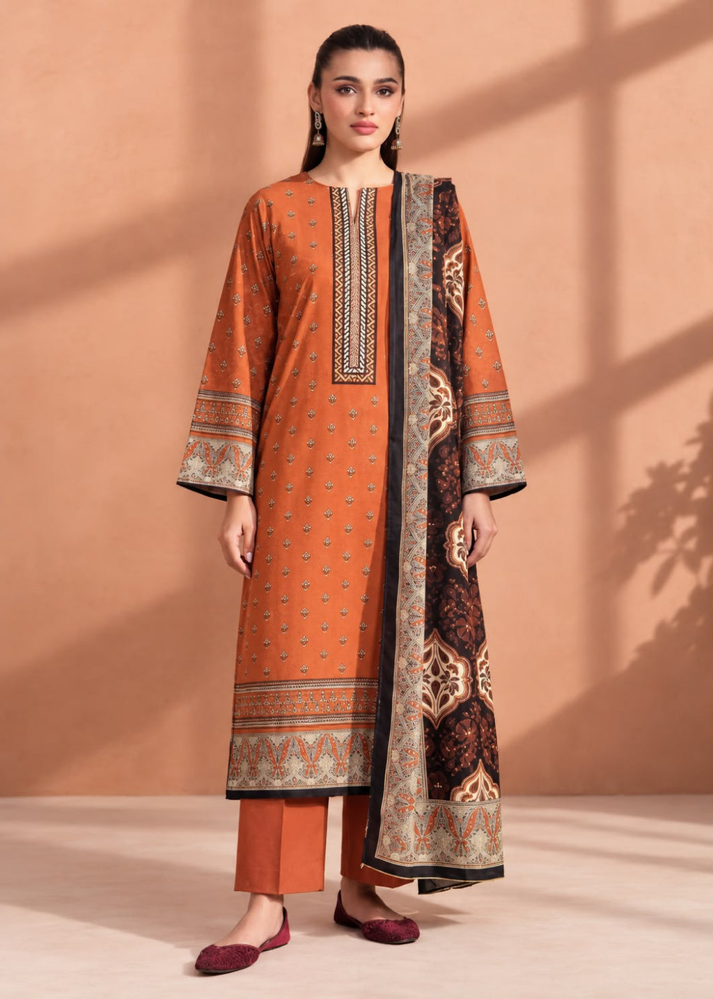 A woman modeling a traditional South Asian salwar kameez suit in terracotta orange, featuring a printed kurta with a matching dupatta, orange trousers, and maroon flat shoes, set against a warm peach studio backdrop with soft shadow overlays.