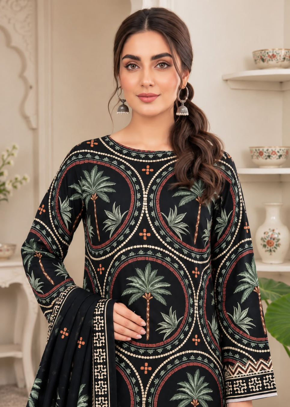 A woman modeling a black long-sleeve kurta with an intricate multicolor print of palm trees, circular motifs, and geometric borders, paired with a matching black dupatta in an indoor setting.