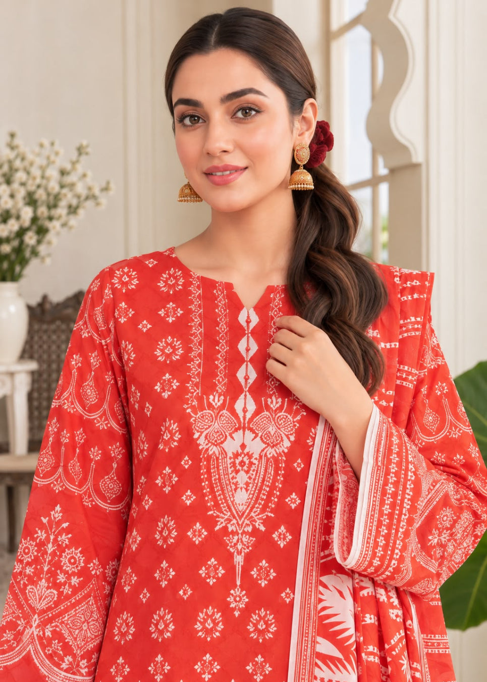 A woman wearing a bright red and white printed traditional kurta set with a matching dupatta, posed in a bright indoor setting.
