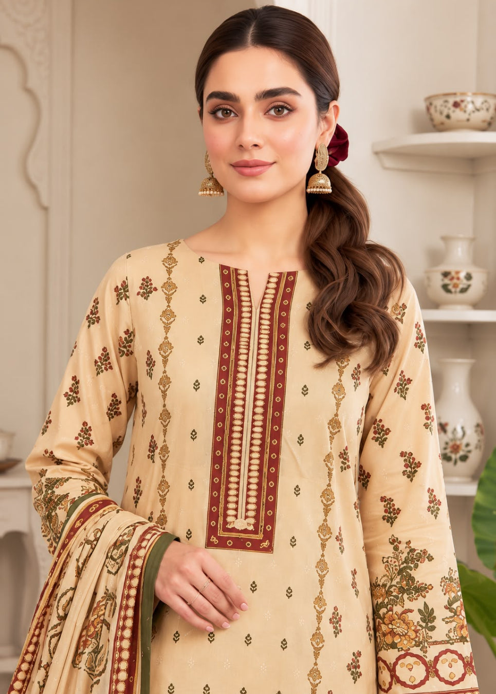 A woman modeling a beige three-piece salwar kameez suit with brown and gold printed patterns, featuring a deep V-neckline with a vertical brown embroidered placket and a matching dupatta.