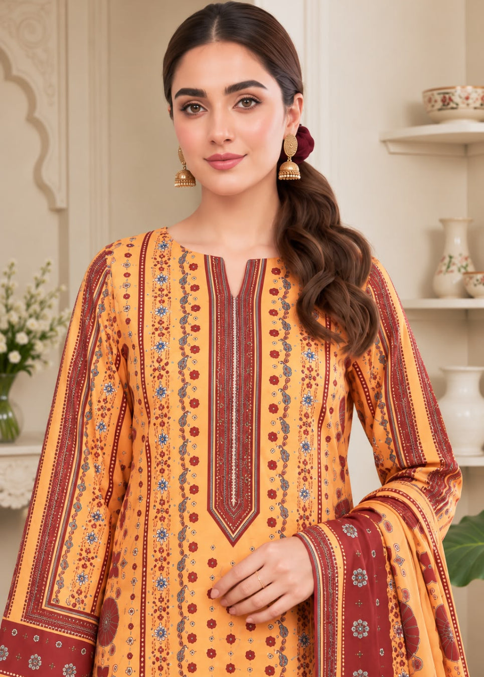 A woman modeling a traditional South Asian salwar kameez suit in mustard yellow and maroon with intricate blue and red floral patterns, set against a soft beige background with decorative shelves.