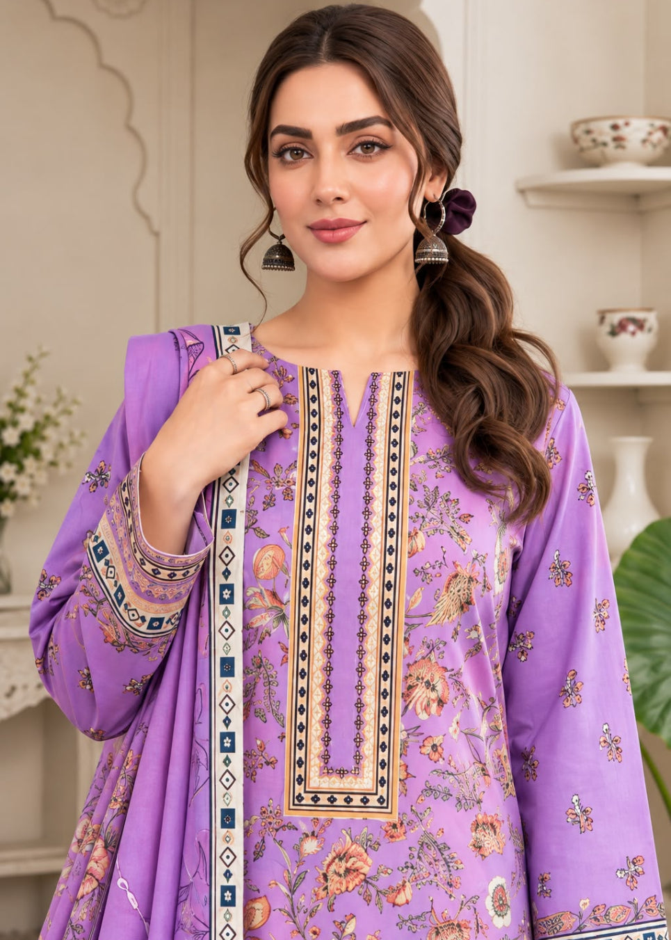 A woman modeling a lavender purple traditional South Asian outfit with intricate gold, black, and blue embroidery, featuring a matching dupatta, set against a softly blurred indoor background.